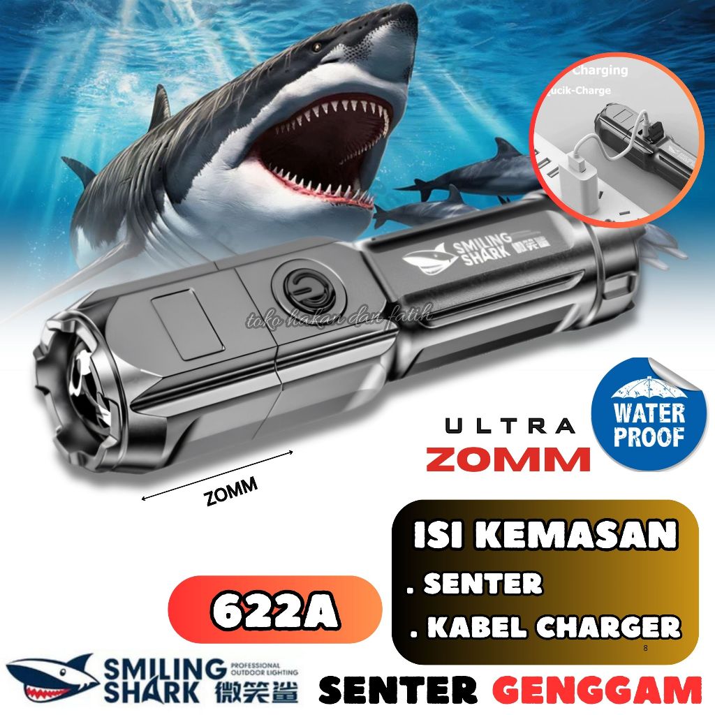 Senter Led Mini Super Terang Smiling Shark 622A - Zoom - 3 Mode Cahaya - Original - Tahan Air - Usb