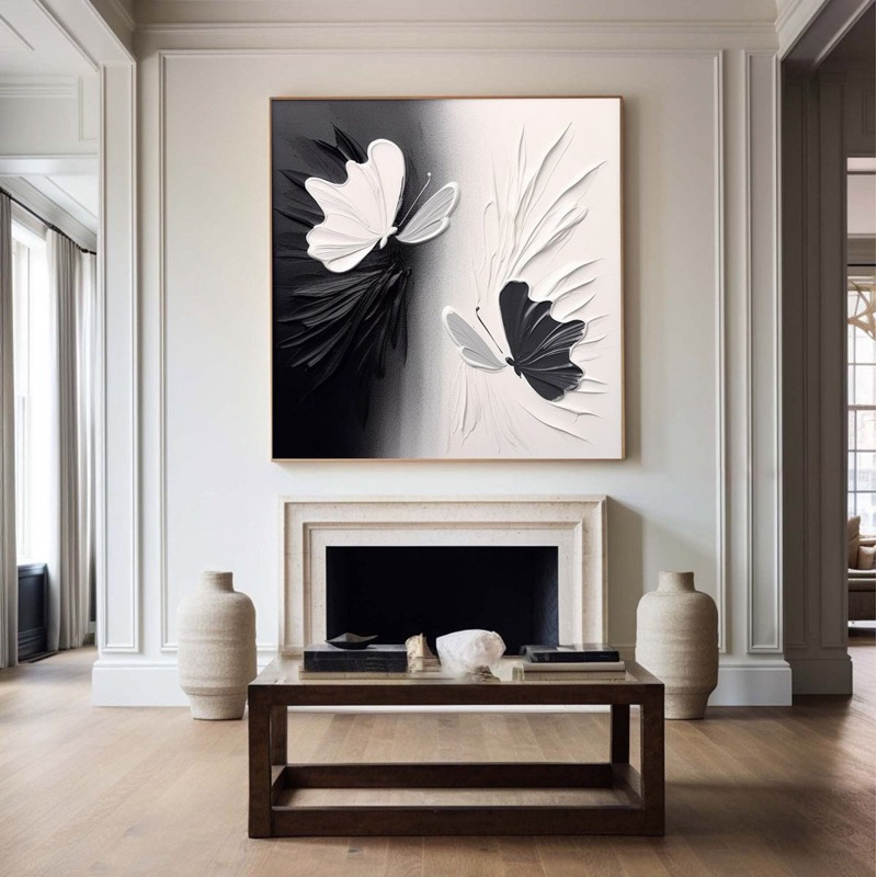 Lukisan dinding abstrak kanvas modern || tekstur tebal || Lukisan dinding kupu kupu hitam putih