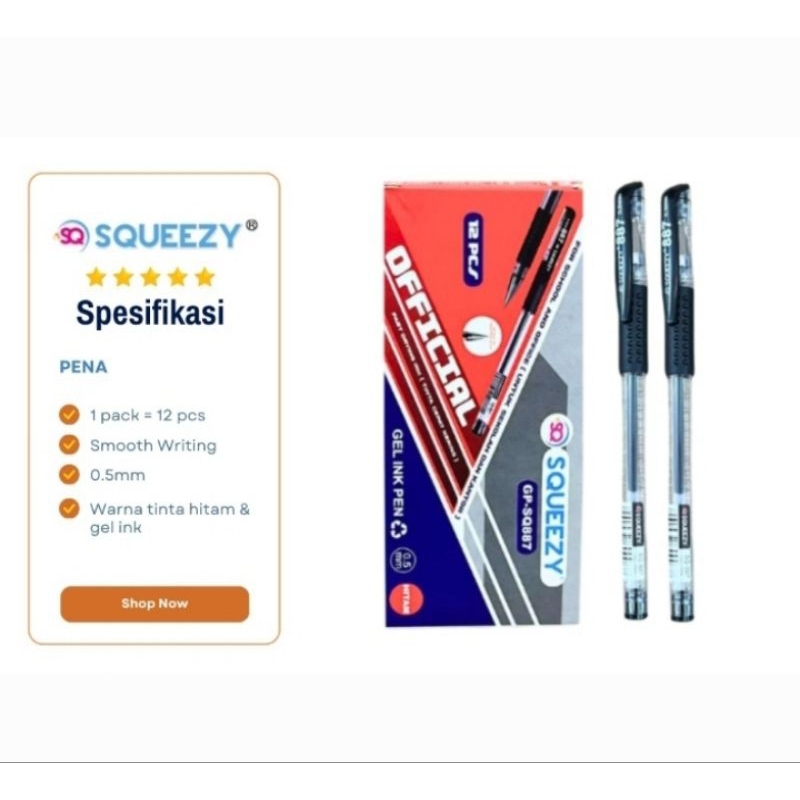 

Pulpen Gel Pena Squeezy 0.5mm Hitam Isi 12 Pcs/Kotak