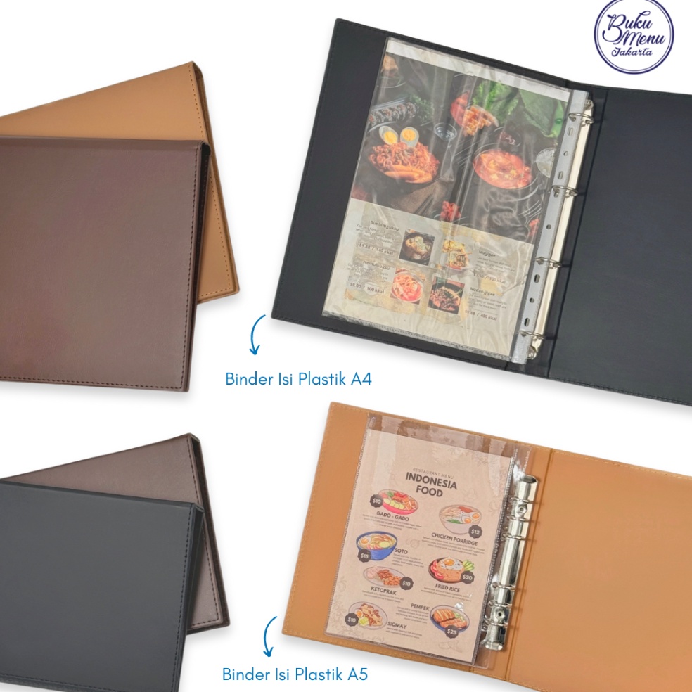 

KODE J92Y Buku Menu Jakarta Buku Menu Kulit Ring Binder 4 lubang dan 6 lubang Isi plastik Coklat Muda Coklat Tua Hitam Cafe Coffee Shop Restoran Hotel