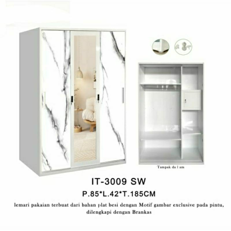 Lemari Pakaian Plat Besi 3 Pintu Buka - Lemari Besi - Medan