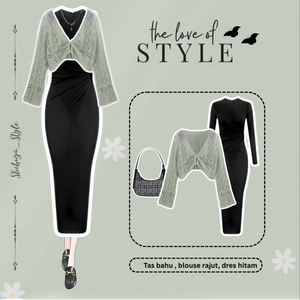 Blouse Korea Style (Dres Midi Hitam Panjang-Blouse Rajut Cardigan-Tas Bahu Shoulder) SS39