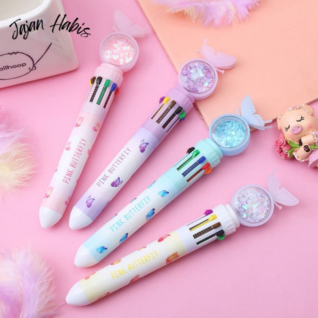 

JABIS Pulpen Gliter Motif Kupu-Kupu Pulpen 10 Warna Aesthetic Pena Ballpoint Karakter Lucu