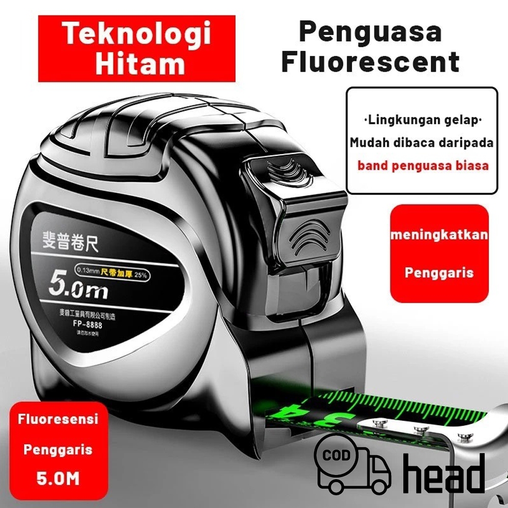 

5/10M Penggaris neon berteknologi hitam meteran anti karat dengan pita pengukur impor menebal penggaris Meteran Tukang