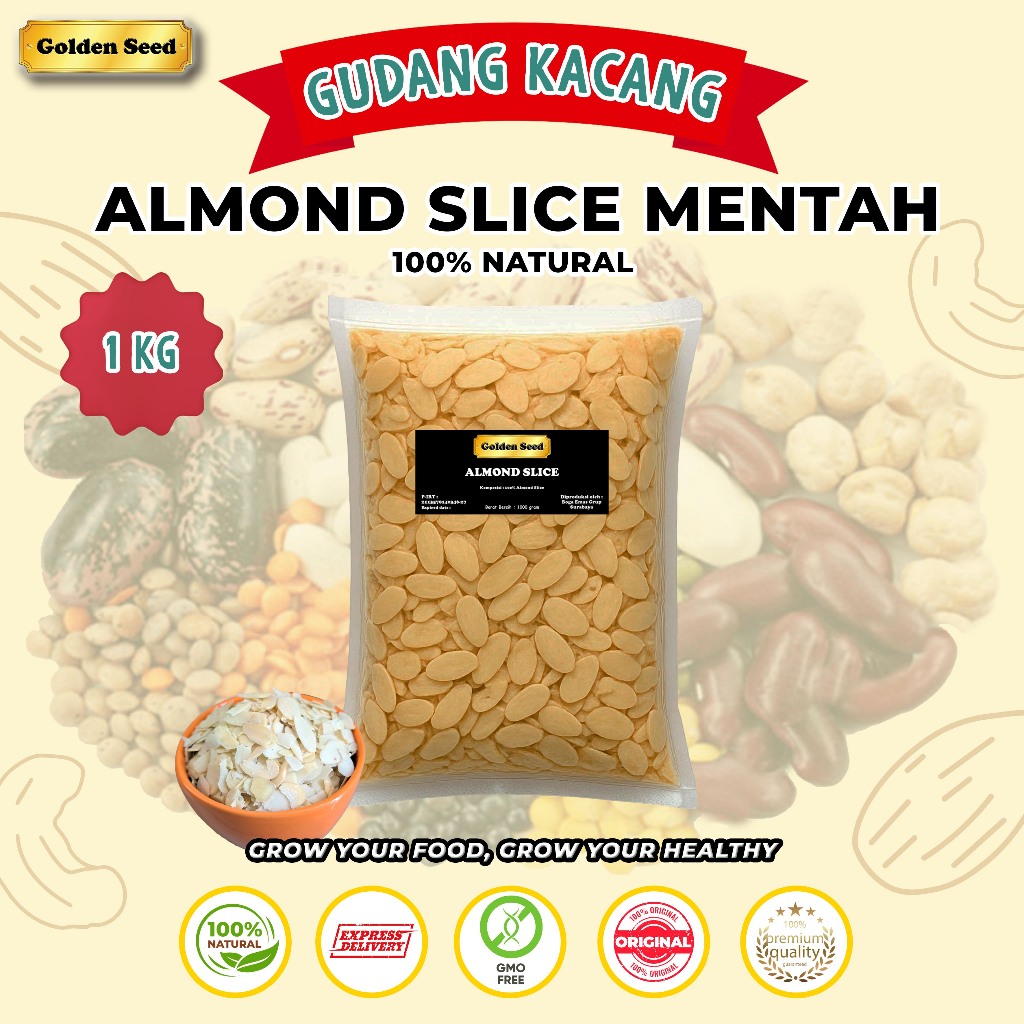 

RAW ALMOND SLICE 1000 GRAM PREMIUM - ALMOND IRIS MENTAH 1000 GR