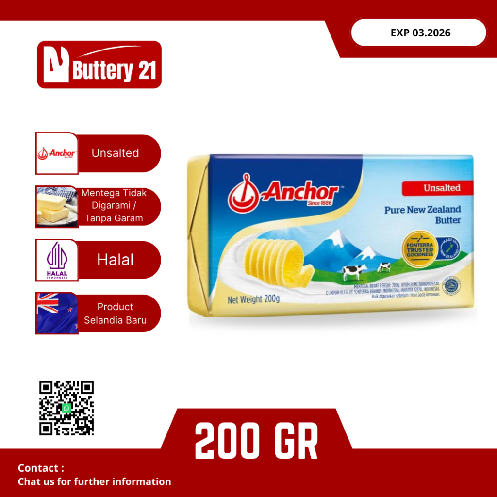 ANCHOR BUTTER UNSALTED 200 GR/BUTTER UNSALTED 200 GR/BUTTER TANPA GARAM
