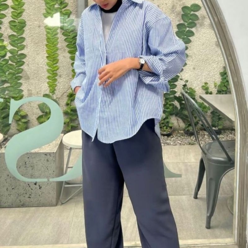 Kemeja Salur Oversize | Atasan Wanita Bahan Salur Oversize jumbo