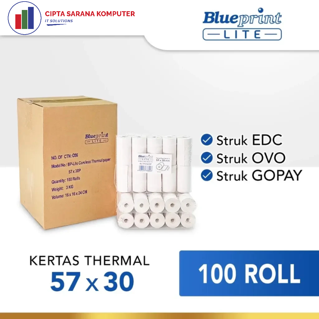 

Kertas Thermal Kasir Struk EDC 57x30 BLUEPRINT Lite 57 x 30 mm - 1 Dus