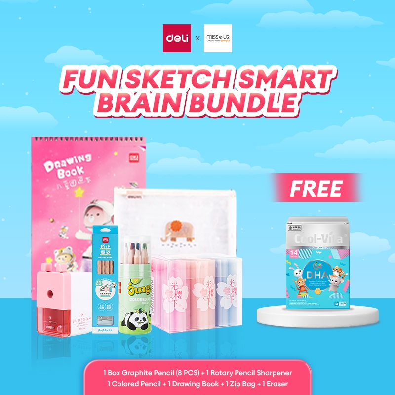 

[DELI X COOLVITA] Fun Sketch, Smart Brain Bundle / 1 Box Pensil Grafis Isi 8 Pcs, 1 Penghapus, 1 Rautan Pensil Putar, 1 Pensil Warna 12 Warna, 1 Buku Gambar, 1 Map Tas Folder / FREE DHA Gummy Box