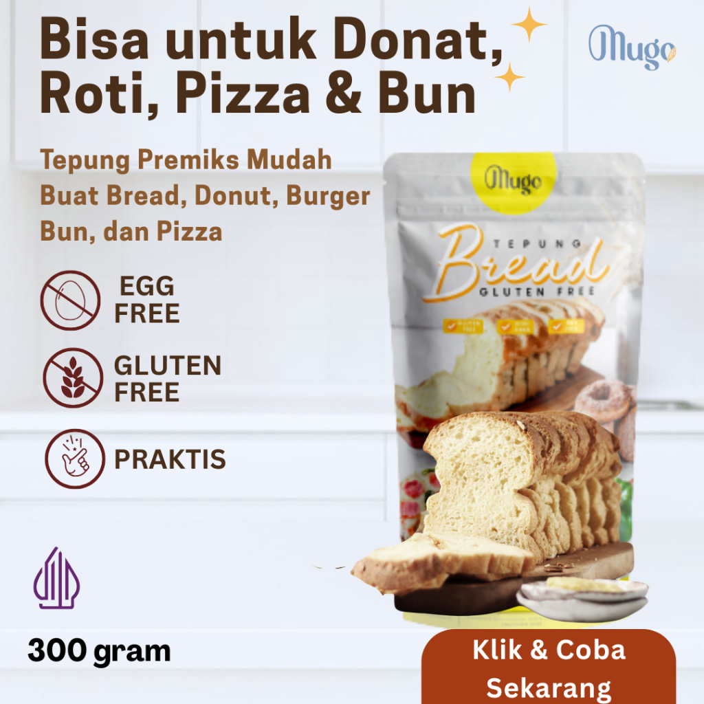 

Mugo Tepung Donat & Bread Gluten Free 300 gram – Untuk Donat Empuk, Pizza, Burger Bun & Roti Tawar Sehat