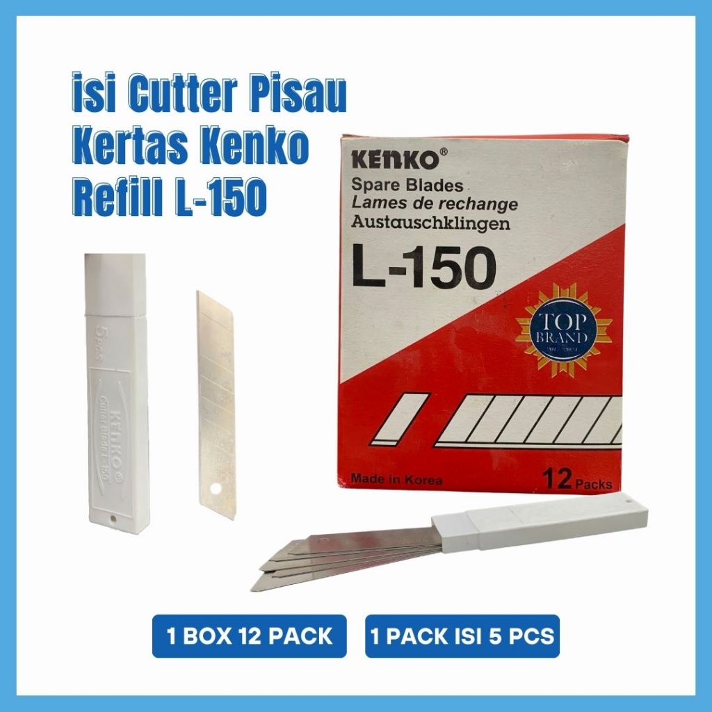 

isi Cutter Pisau Kertas Kenko Refill isi ulang L-150 L150 L 150 tersedia merk Orlee kualitas bagus OR-150 kemasan per Box isi 12 Tube