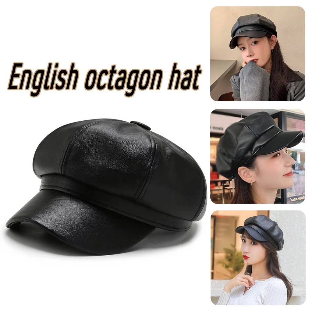 Topi baret korea style wanita Hitam Baret Hat Topi baret oktagonal korea imitasu pu leather