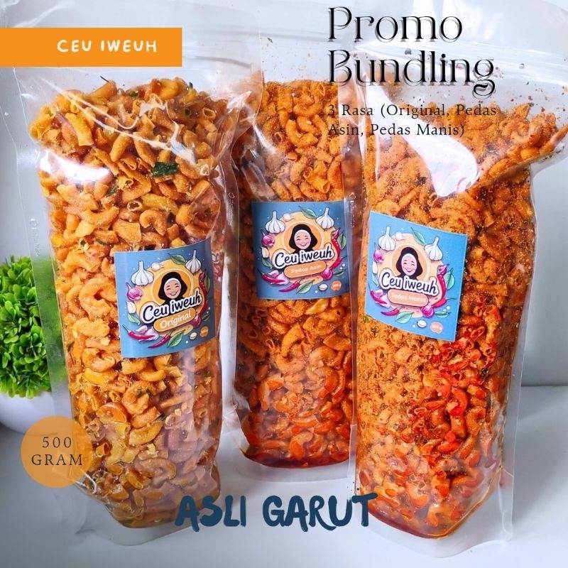 

Promo Bundling Makaroni Cikruh Ceu Iweuh 3 Rasa 500 gram Original, Pedas Asin,dan Pedas Manis