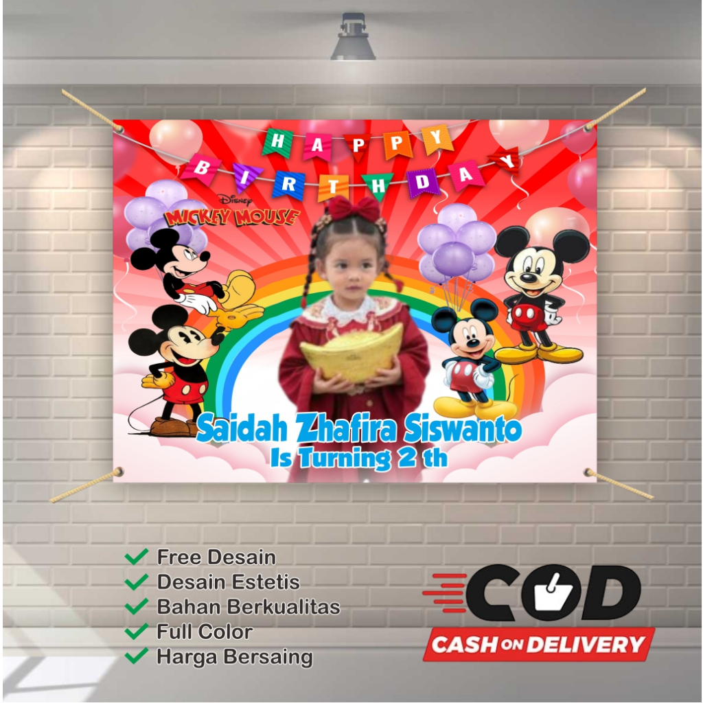 Spanduk Banner Ulang Tahun Anak Mickey Mouse | Custom Nama & Foto | Murah Bisa COD