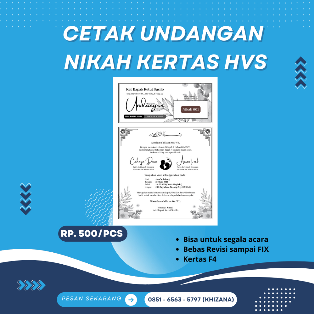 Khizana_Cetak Undangan Nikah Kertas HVS Rp.500/PCS