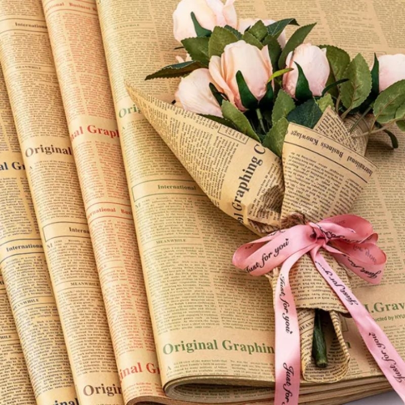 20 Lembar Kertas Koran Newspaper English Vintage Craft Flower Wrapping Paper Kertas Kado Aesthetic
