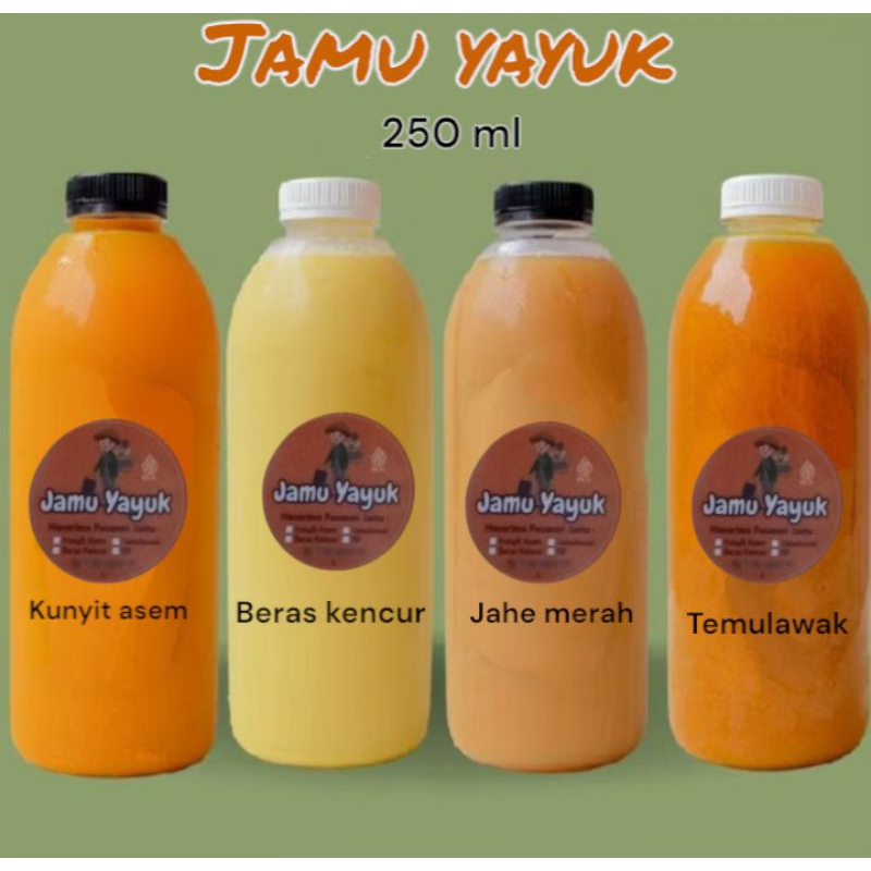 

Jamu 250 ML Beras Kencur , Temulawak , Kunyit Asem , Jahe Merah , Kunyit Asem Sirih