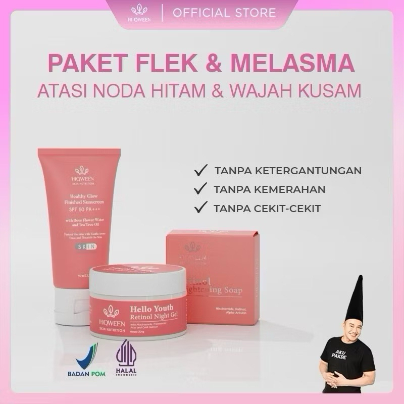 HIQWEEN PAKET FLEK BUNDLING 3: SABUN RETINOL CREAM RETINOL DAN SUNSCREEN HEALTY GLOW FINISHED HIQWEE