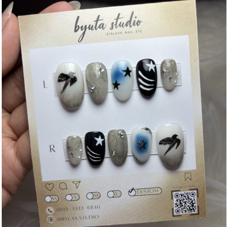 PRESS ON NAILS FAKE NAILS KUKU PALSU HITAM KREM HINDIA BIRD