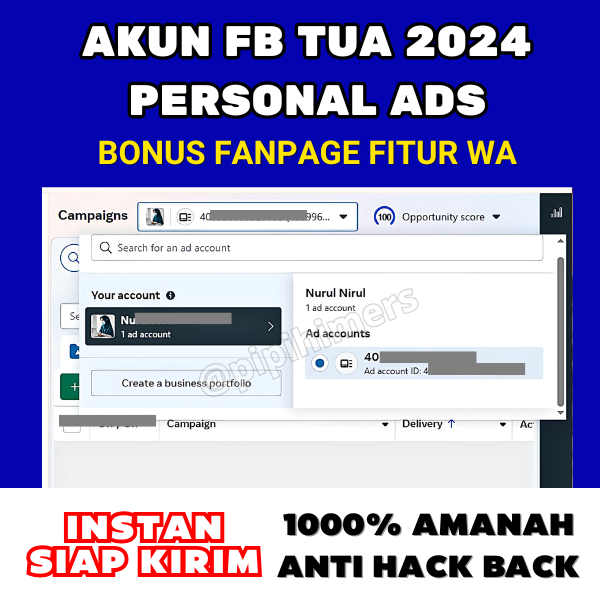 Akun 𝐅𝐚𝐜𝐞𝐛𝐨𝐨𝐤 Ads Tua 2024 Personal FbAds Untuk Iklan + Fanpage Fitur WA 2FA On Email Bisa Diakses