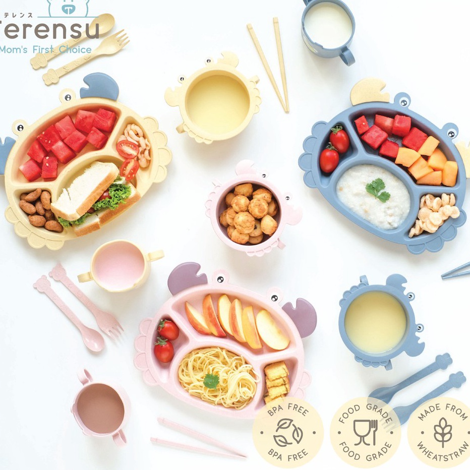 Terensu  SATU SET  Alat Makan Anak sekat Set 6 in 1 Motif Kepiting   Piring  Mangkok  Gelas  Sendok 