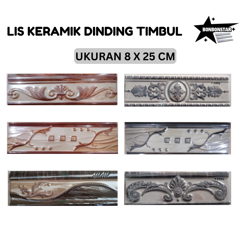 FREE PACKING KAYU List Keramik Dinding Timbul 8x25cm - List Keramik Motif 100 Motif 25cm x 8cm - Lis