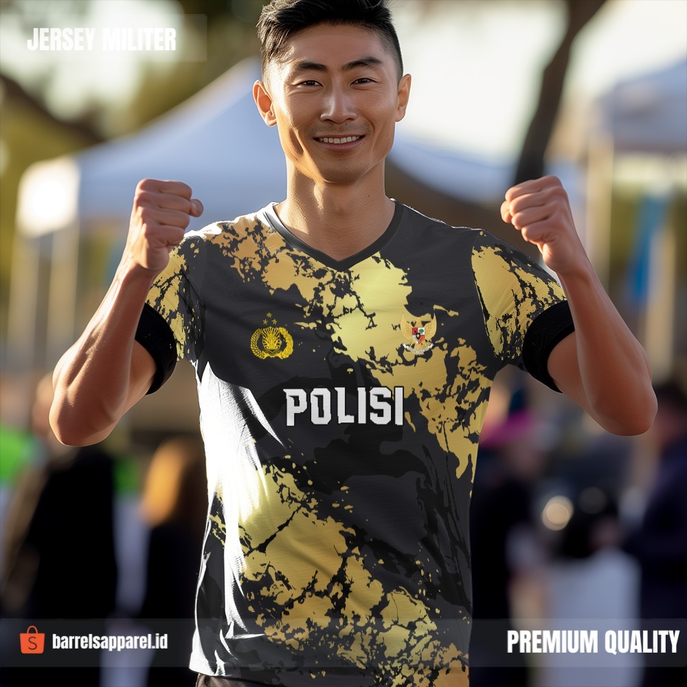 Kaos Jersey Polisi Polri Hitam Abu Gold Motif Abstrak 12 - Jersey Custom Olahraga Full Printing