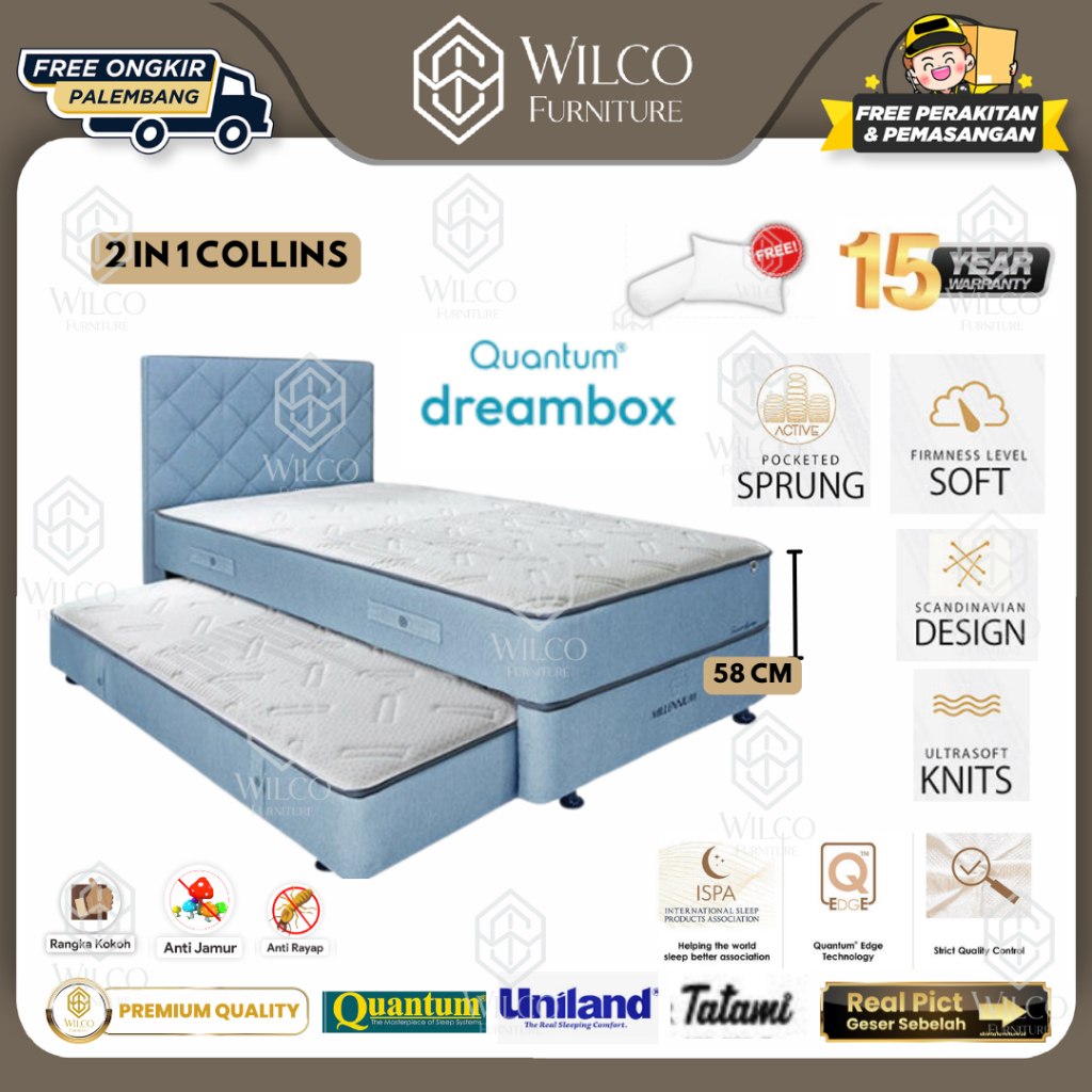 Kasur Bed Sorong 2 in 1 Quantum Collins | Quantum Bed Dorong Nordia Set Sideboard | BedSorong 2 in 1