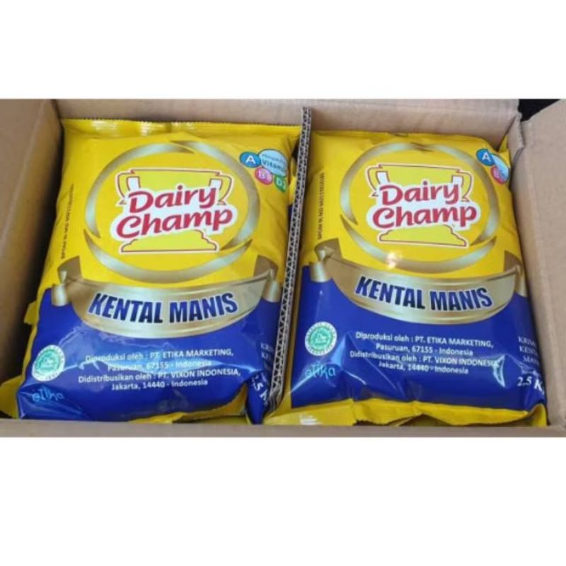

SUSU KENTAL MANIS DAIRY CHAMP KEMASAN 2,5kg 1 KARTON (isi 8 pouch)