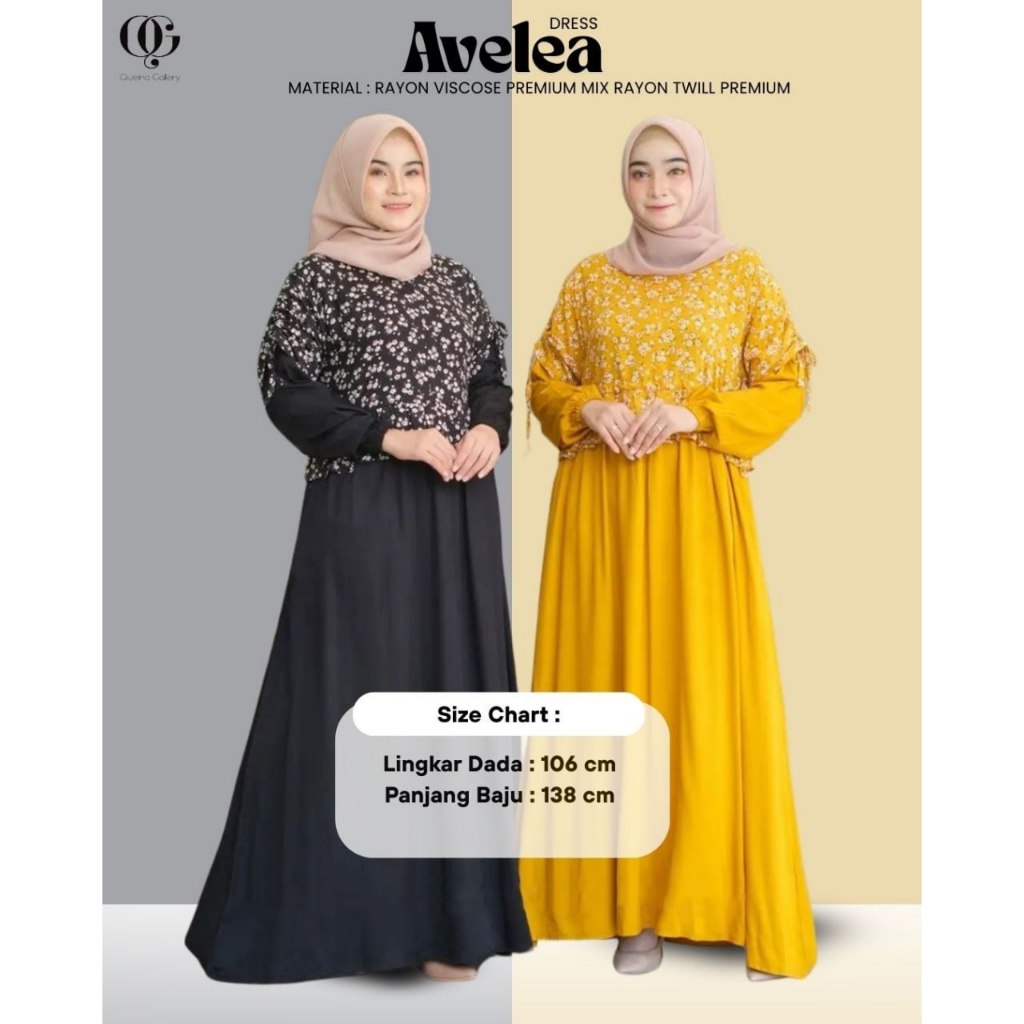 Gamis Rayon Polos Kombinasi Motif Bunga Dress Avelea Dress Queina