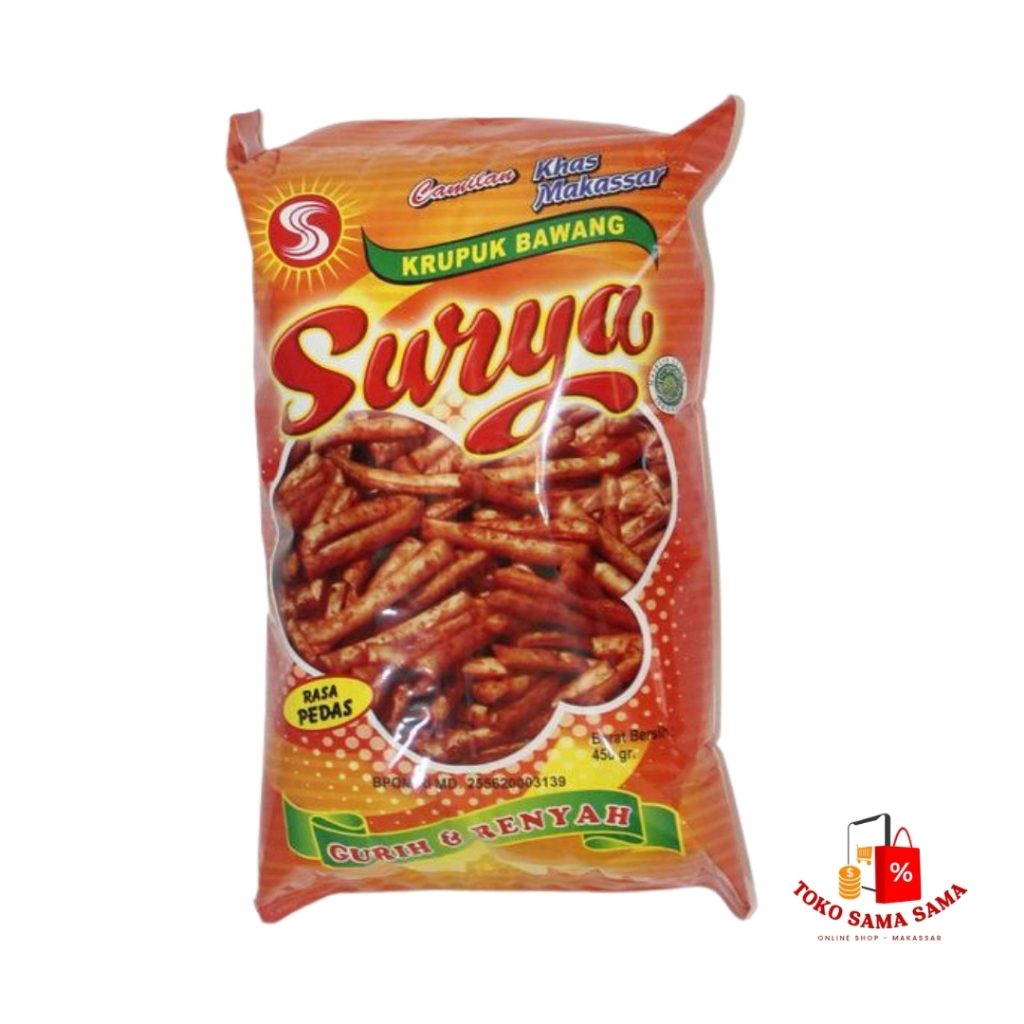 

Kerupuk Bawang Surya 450gr Rasa Pedas / Cemilan Keripik Bawang Khas Makassar