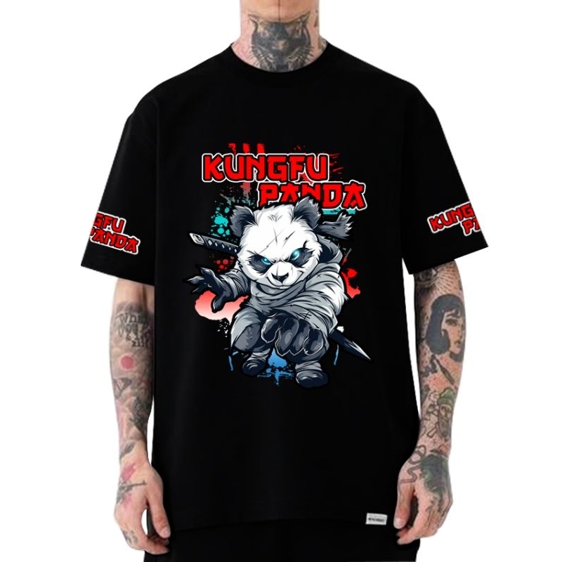 Kung fu panda// gambar depan/ Kaos pria / Kaos Hitam pria / kaos hitam gambar lengan / kaos hitam ga