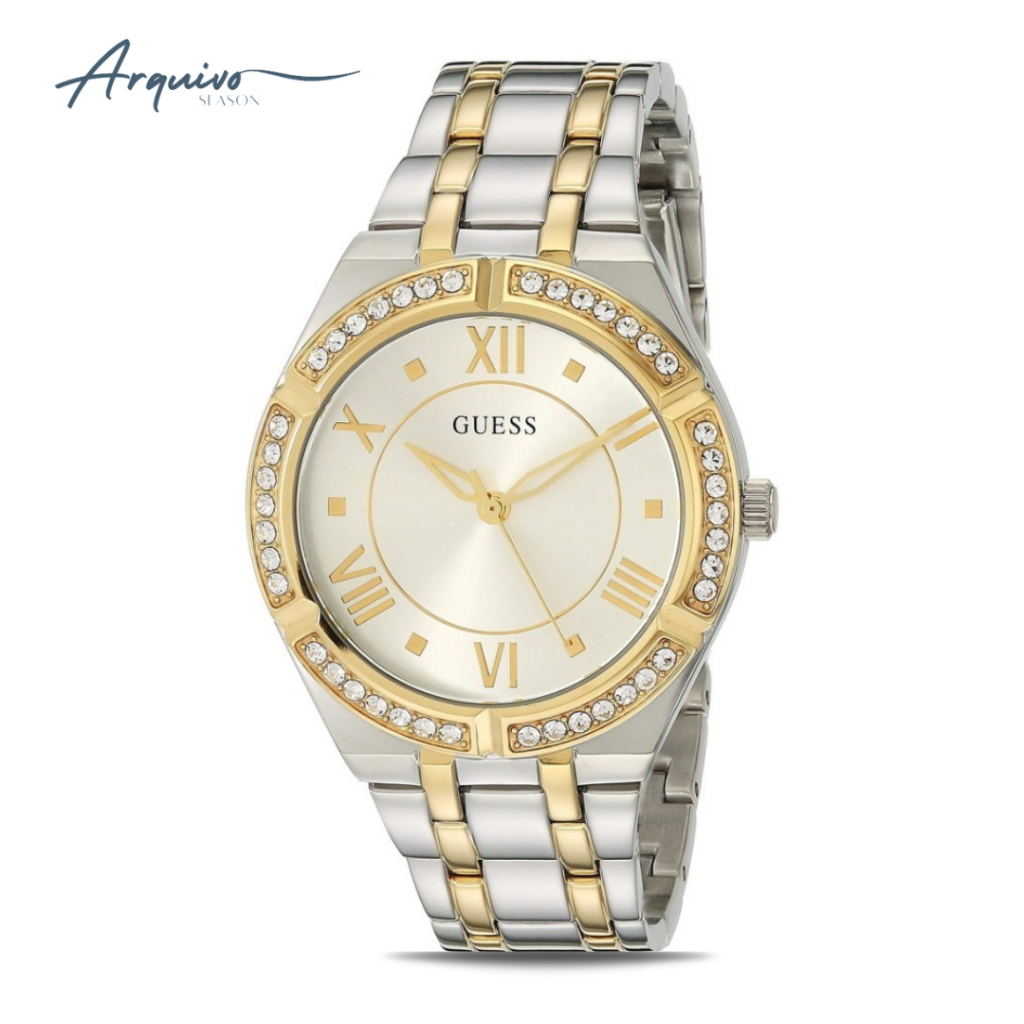 Jam Tangan Wanita Guess Cosmo Silver Gold Stainless Steel Mewah Casual Original GW0033L4