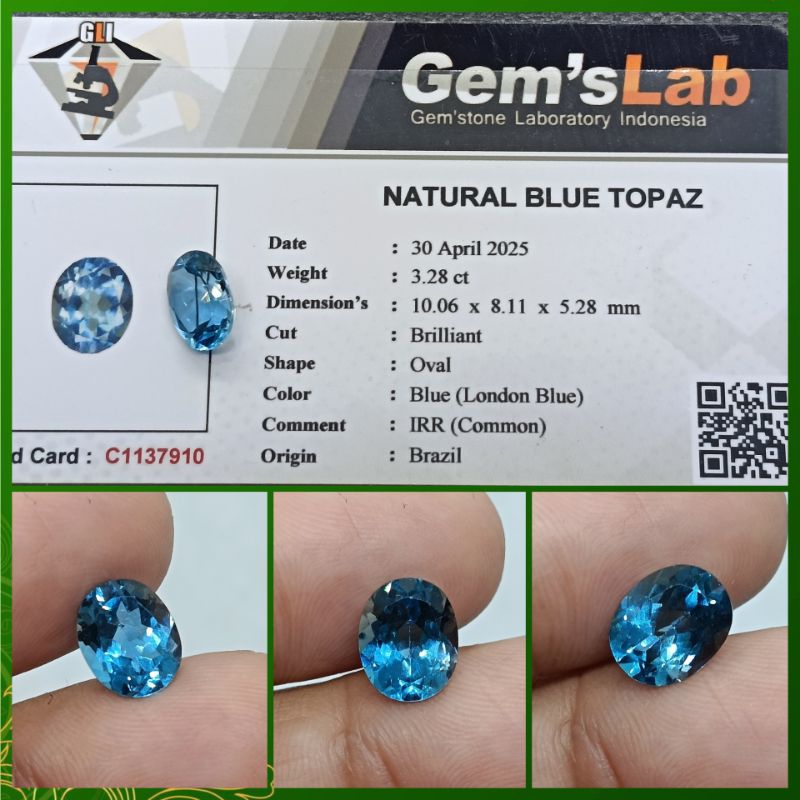 Natural London Blue Topaz 3,3ct Top Color memo GLI Garansi IRR
