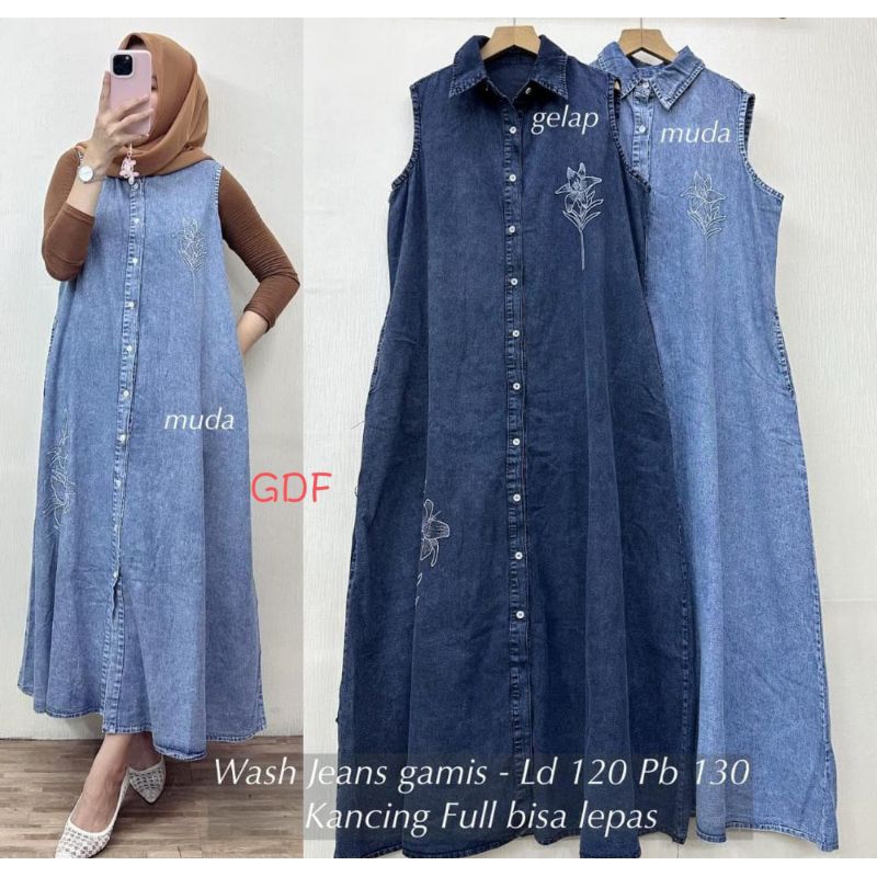 GDF Dress Wanita Jeans Denim panjang tanpa lengan Jumbo LD120 full kancing