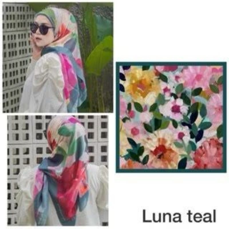 Hijab segi empat motif bunga abstrak baniscoop kw Luna teal