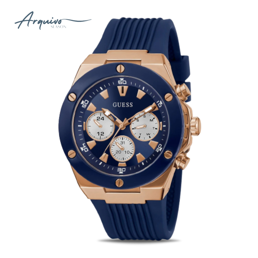 Jam Tangan Guess Pria Poseidon Chronograph Blue Rubber Sporty Casual Original GW0057G2