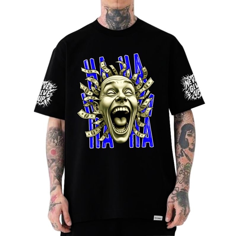 Never Give up// gambar depan/ Kaos pria / Kaos Hitam pria / kaos hitam gambar lengan / kaos hitam ga