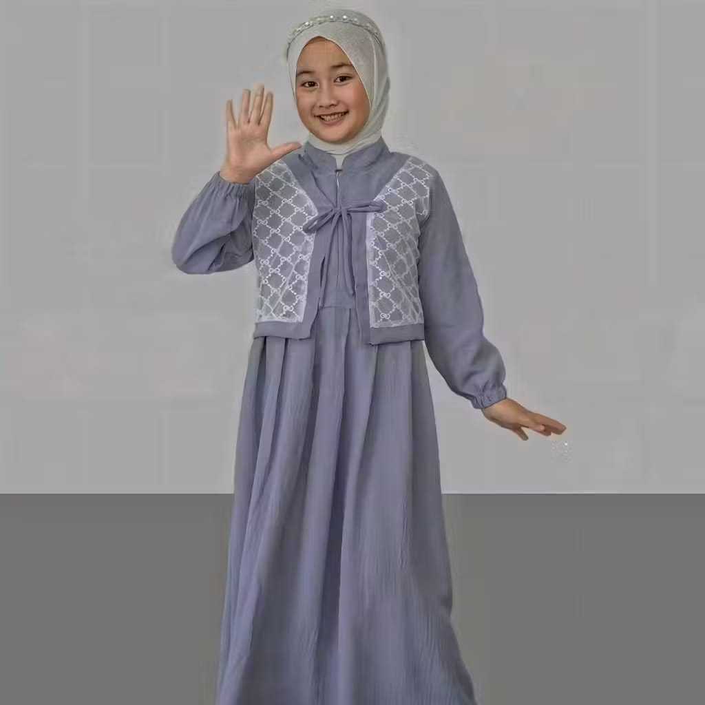 Gamis Anak Tanggung Syari Kids Bahan Crinkle Mix Brokat Premium Usia 6-16 Tahun Dress Anak Perempuan
