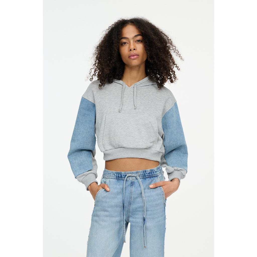 Pull&Bear Cropped hoodie with denim sleeves