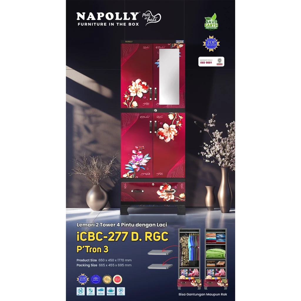 NAPOLLY JUMBO Laci Lemari PAKAIAN Plastik NAPOLLY ICBC 277 Kaca GANTUNG Rak Kaca KUNCI