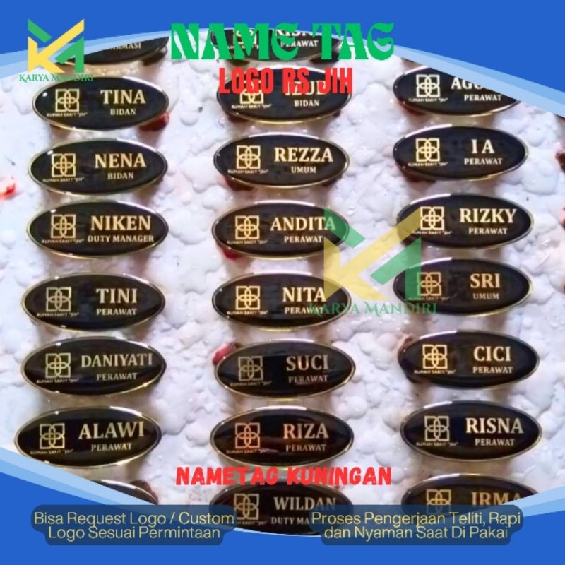 

Nametag Nama Dada Kuningan Oval Etching Grafir Logo RS JIH | Bisa Custom Nama & Logo Perusahaan
