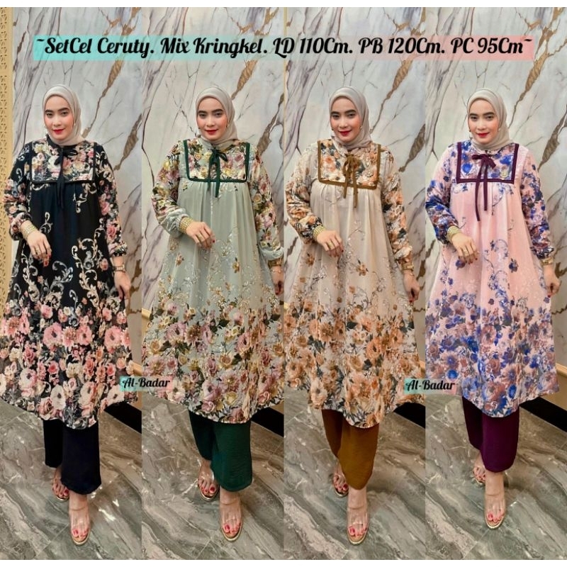 Setelan Long Tunik Bahan Ceruty Mix Kringkel Ld 110 Cm Pb 125 Cm Pc 90 Cm