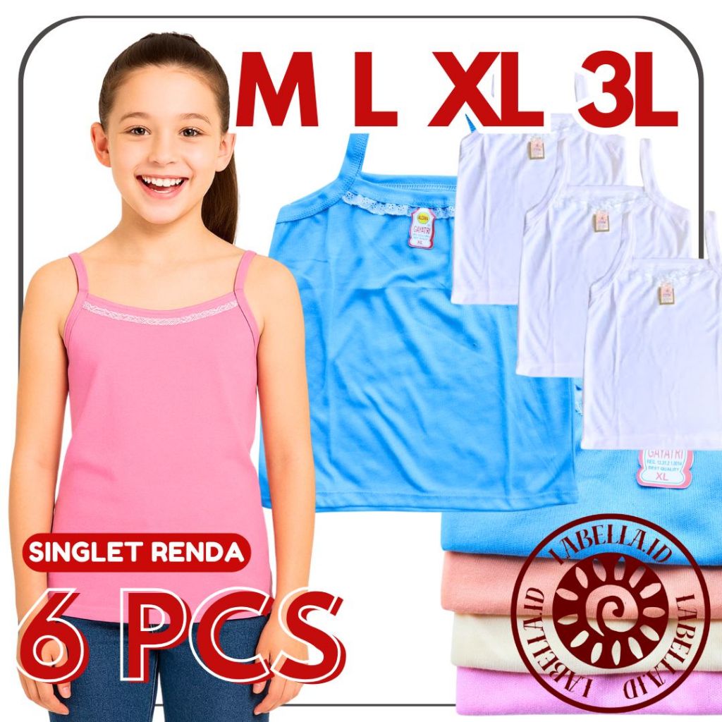 TERMURAH 6 PCS Kaos Singlet Renda Wanita Anak Remaja Dewasa Nyaman Melar LABELLAID