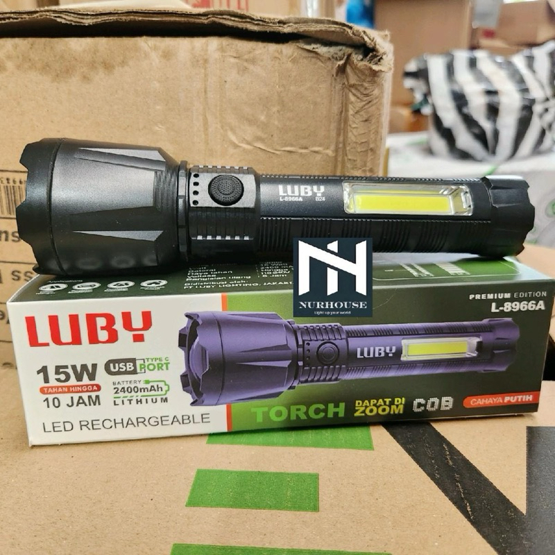 senter zoom Luby 15 watt dengan lampu emergency L- 8966 A