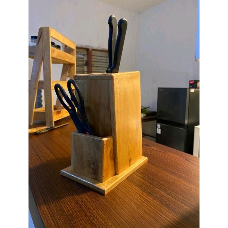 Rak pisau kayu / rak pisau dapur estetik / tempat pisau set gunting kayu / tempat pisau