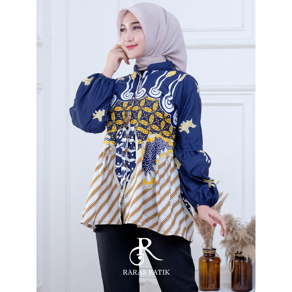 Atasan Baju Batik Wanita Kerja Kantor Modern Blouse Lengan Balon Full Kancing Terbaru Raras Batik