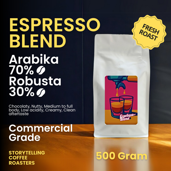 

Kopi Espresso Blend Arabika 70 Robusta 30 / 500 gram – Medium Dark, Cocok Es Kopi Susu & Espresso