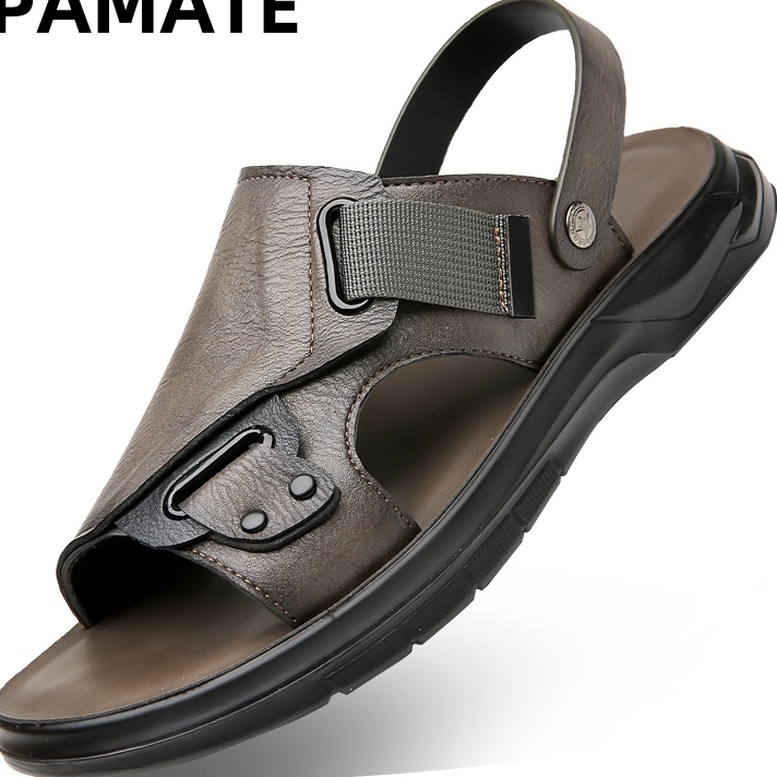 PAMATE Sepatu sandal pria dengan dasar tebal dan kulit asli sepatu sandal untuk istirahat