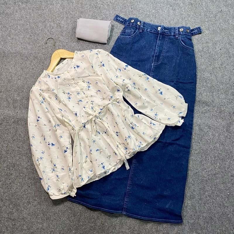 PAKET OOTD/CELINE ONE SET (blouse duyung + hijab square + rok jeans)